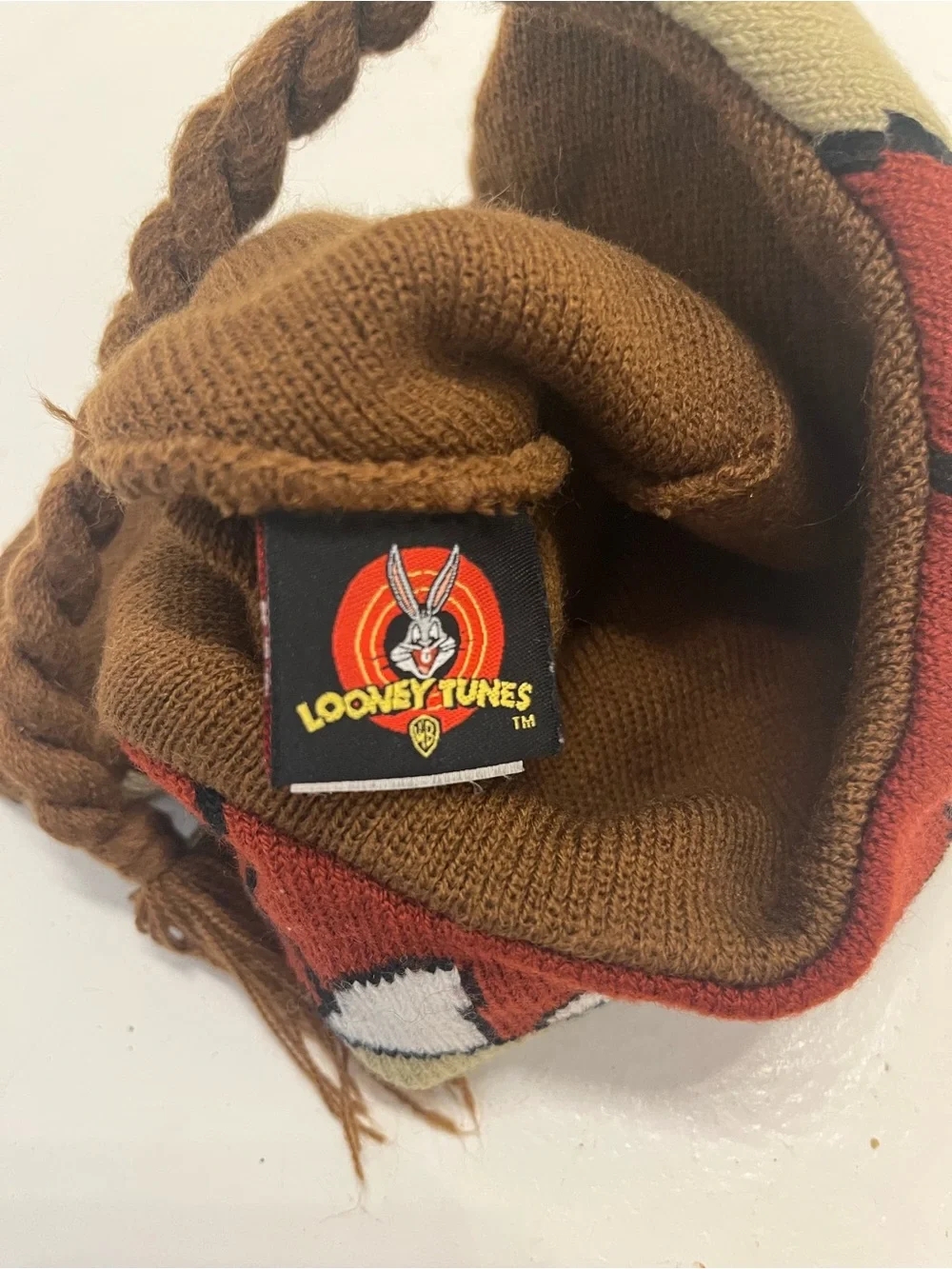 Vintage Looney Tunes Taz Trapper Hat Ear Flaps Braided Tassels Brown One Size